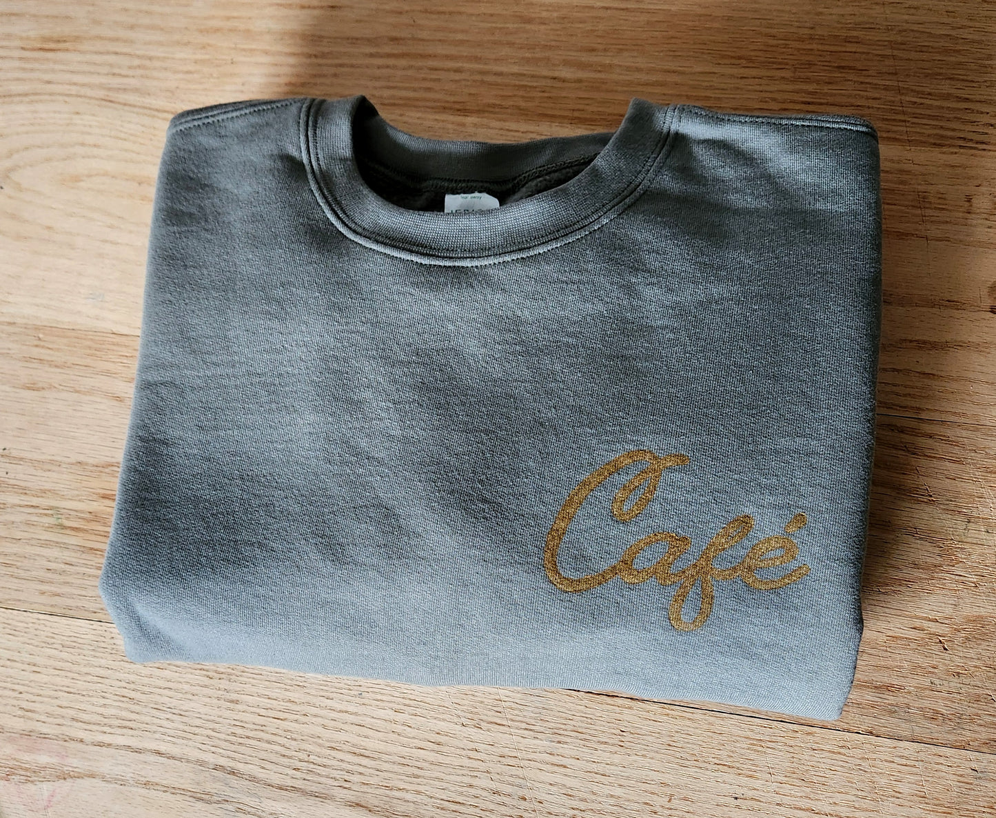 Café sweatshirt, unisex organic cotton crewneck, gold calligraphy block print, ethical fall fashion