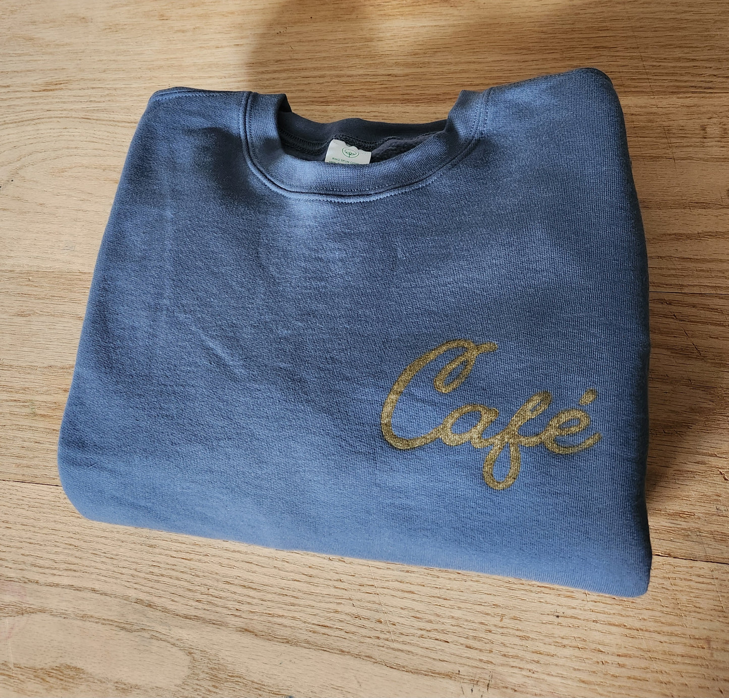 Café sweatshirt, unisex organic cotton crewneck, gold calligraphy block print, ethical fall fashion
