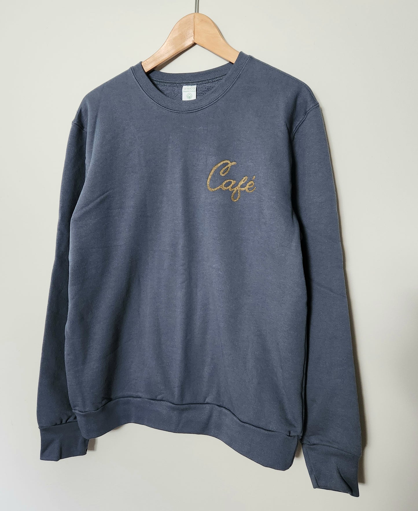 Café sweatshirt, unisex organic cotton crewneck, gold calligraphy block print, ethical fall fashion