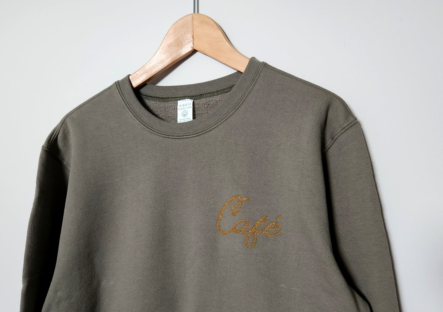 Café sweatshirt, unisex organic cotton crewneck, gold calligraphy block print, ethical fall fashion