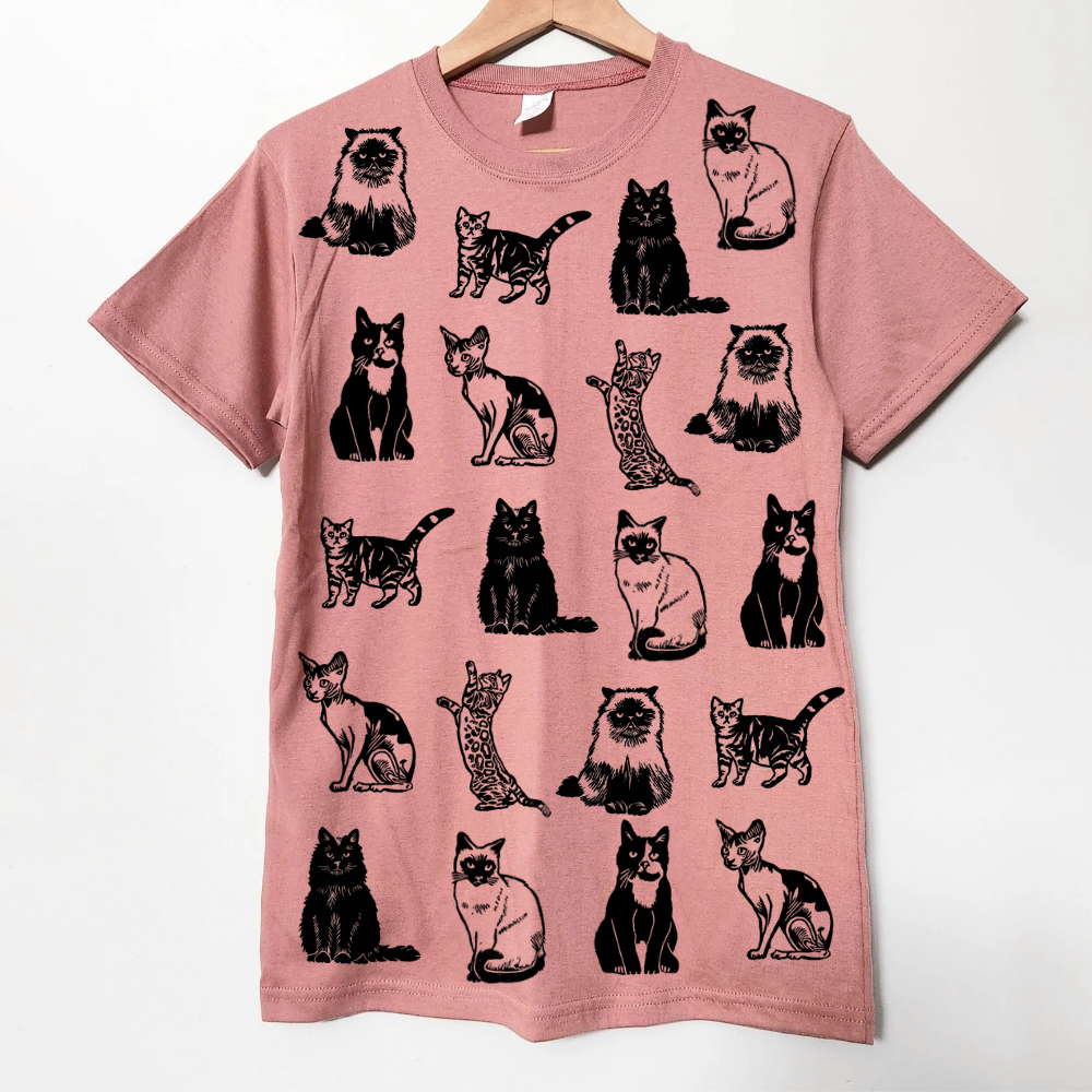 T-shirt imprimé chat, t-shirt de race de chat imprimé à la main, cadeau amoureux des chats, himalayen, tabby, sphynx, bengal, siamois, mode éthique