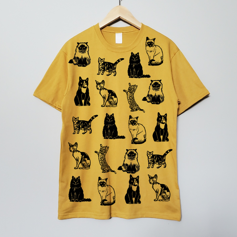 T-shirt imprimé chat, t-shirt de race de chat imprimé à la main, cadeau amoureux des chats, himalayen, tabby, sphynx, bengal, siamois, mode éthique