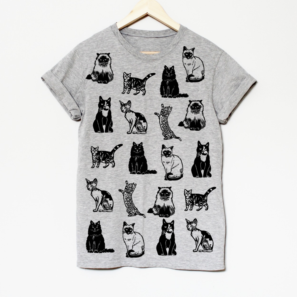 T-shirt imprimé chat, t-shirt de race de chat imprimé à la main, cadeau amoureux des chats, himalayen, tabby, sphynx, bengal, siamois, mode éthique