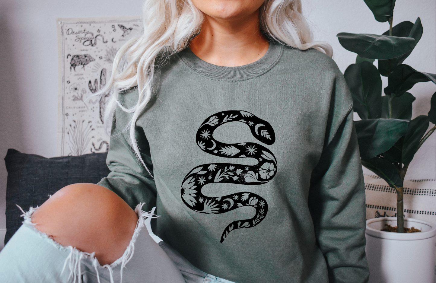 Floral snake sweatshirt, block printed snake with flowers, unisex hand printed crewneck, botanical snake jumper, new year, ethical fashion