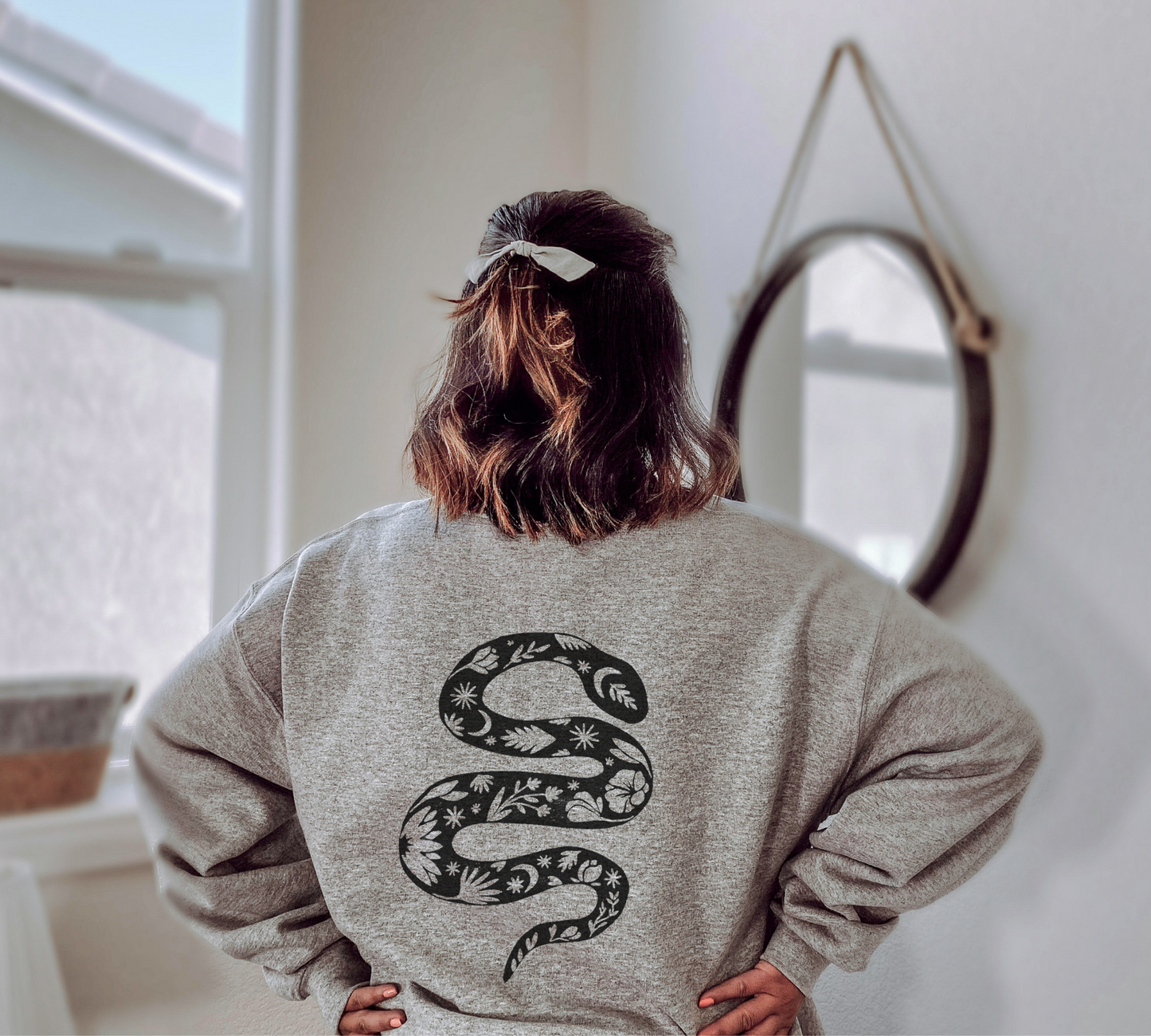 Floral snake sweatshirt, block printed snake with flowers, unisex hand printed crewneck, botanical snake jumper, new year, ethical fashion