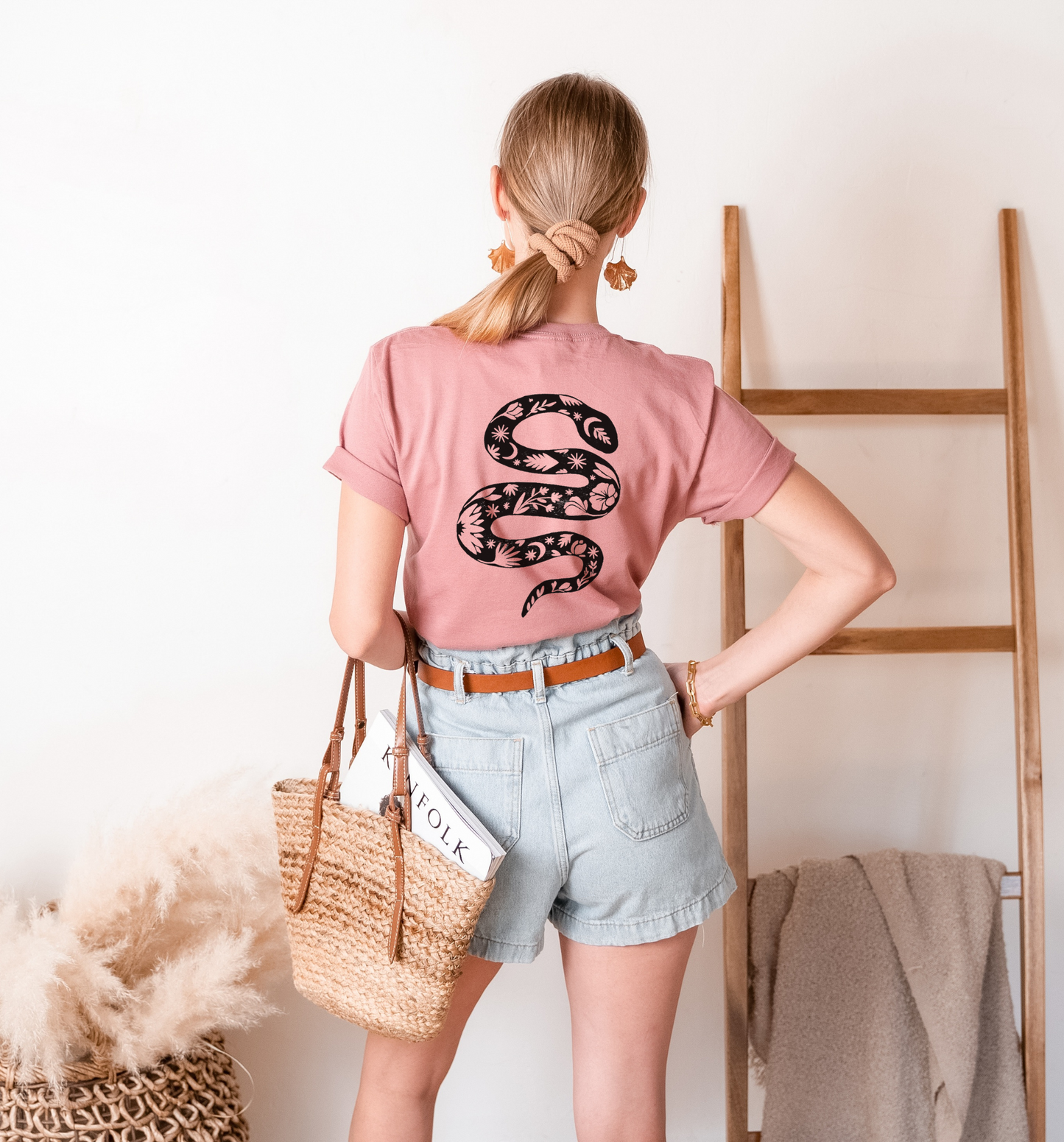 Floral snake t-shirt, UNISEX hand printed tshirt, linocut botanical snake print, block printed floral theme illustration, ethical fashion