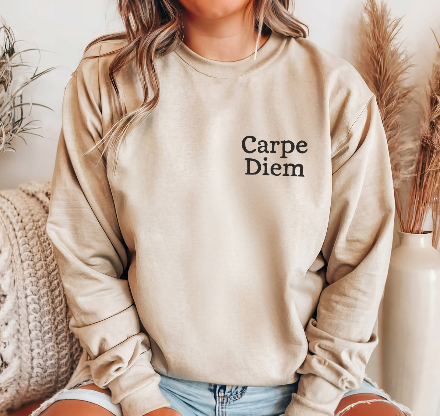 Carpe Diem sweatshirt, unisex hand printed sweater, minimalist crewneck, gift, block print calligraphy, latin saying, ethical fashion