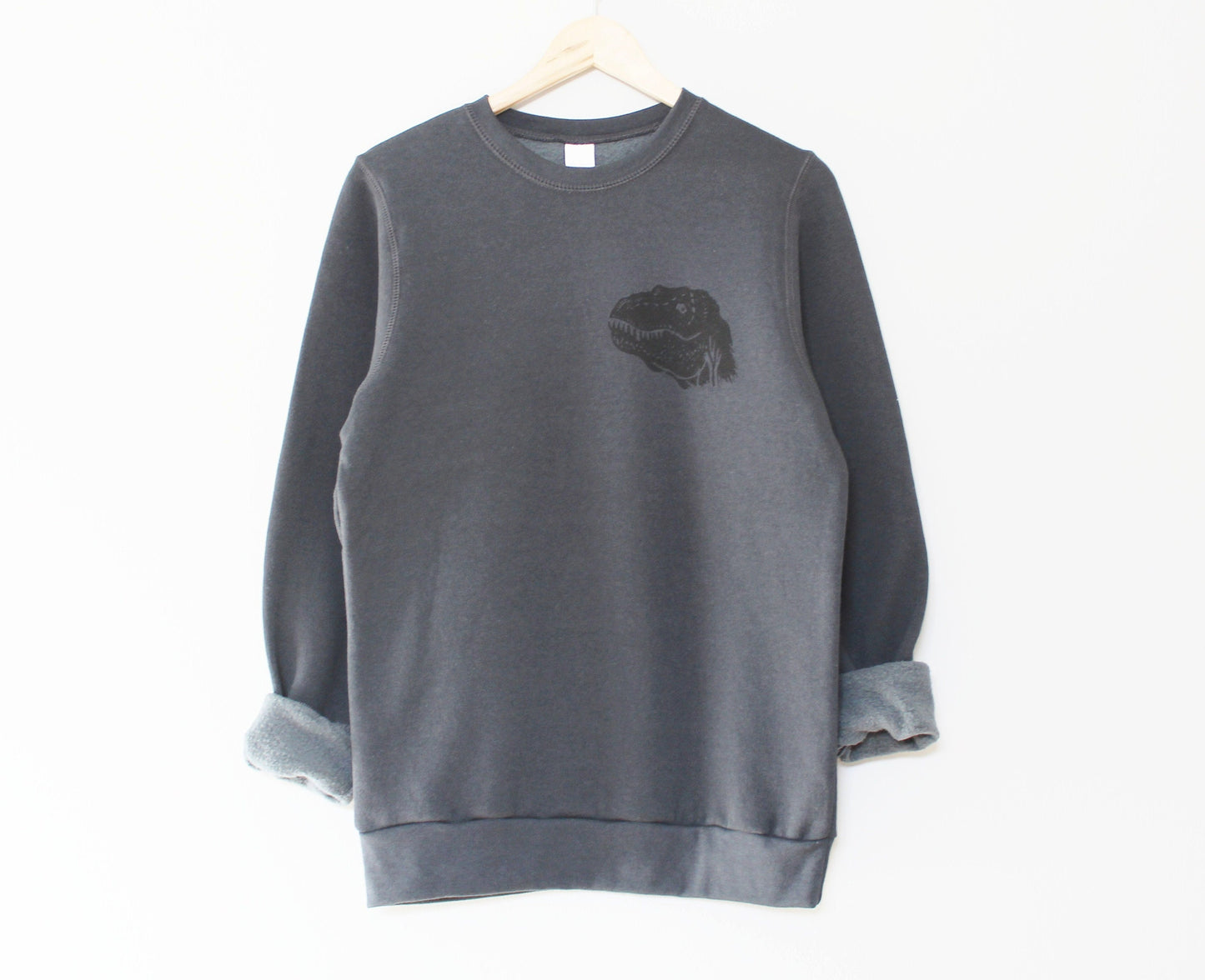 Sweat-shirt unisexe en bambou dinosaure, design imprimé bloc t-rex, pull à col rond en polaire biologique au charbon de bois, mode éthique, pull dino doux