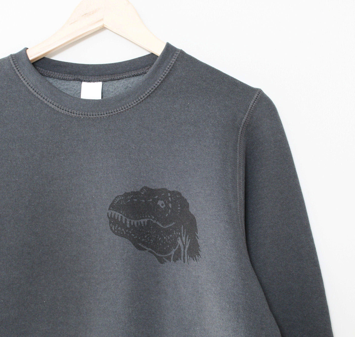 Sweat-shirt unisexe en bambou dinosaure, design imprimé bloc t-rex, pull à col rond en polaire biologique au charbon de bois, mode éthique, pull dino doux