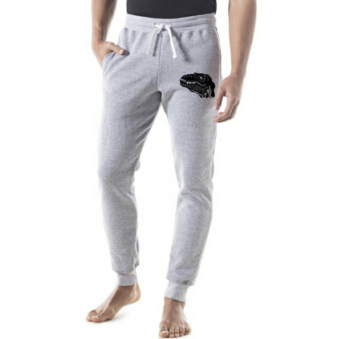 Pantalons de survêtement T-rex, joggeurs de dinosaures, pantalons de jogging imprimés à la main unisexes, pantalons de salon dino gris, imprimés en bloc, vêtements éthiques, cadeau pour lui