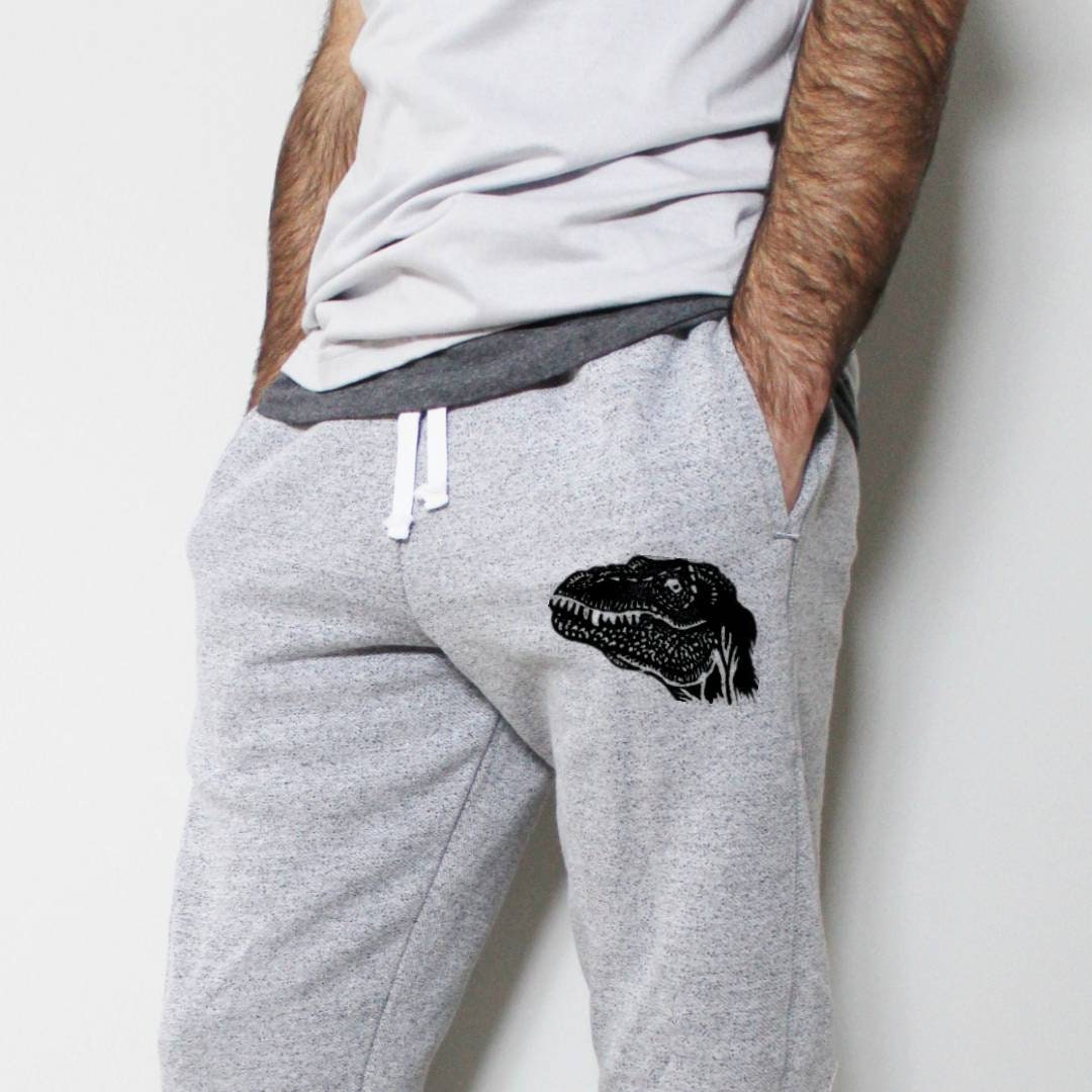 Pantalons de survêtement T-rex, joggeurs de dinosaures, pantalons de jogging imprimés à la main unisexes, pantalons de salon dino gris, imprimés en bloc, vêtements éthiques, cadeau pour lui
