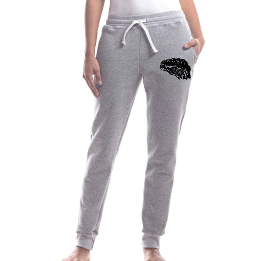 Pantalons de survêtement T-rex, joggeurs de dinosaures, pantalons de jogging imprimés à la main unisexes, pantalons de salon dino gris, imprimés en bloc, vêtements éthiques, cadeau pour lui