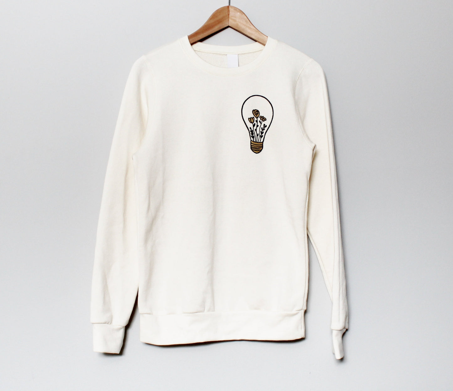Sweat-shirt UNISEX graphique floral, ampoule peinte à la main avec des fleurs dorées, pull en bambou biologique naturel, mode éthique