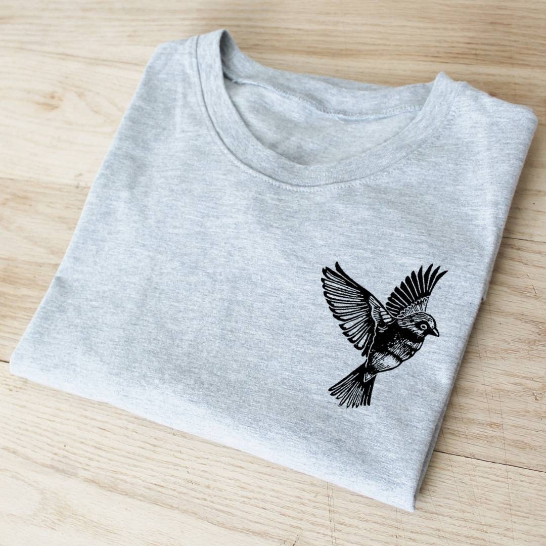 Bird t-shirt, UNISEX hand printed sparrow tshirt, minimalist block print tee, hand stamped illustration, clothing, ethical fashion