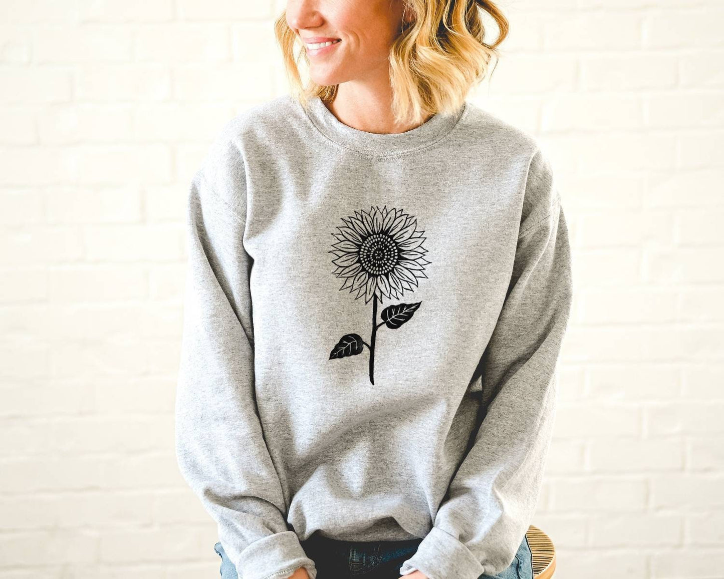 Sweat-shirt tournesol, col d’équipage UNISEX en bambou, imprimé botanique floral, pull en coton biologique naturel, fleur imprimée en bloc, mode éthique