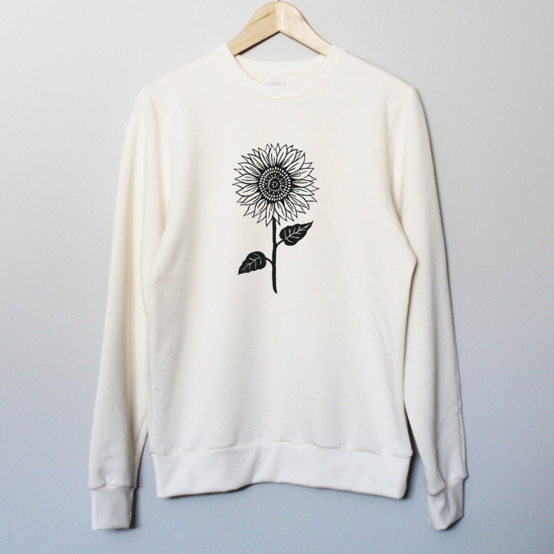 Sweat-shirt tournesol, col d’équipage UNISEX en bambou, imprimé botanique floral, pull en coton biologique naturel, fleur imprimée en bloc, mode éthique