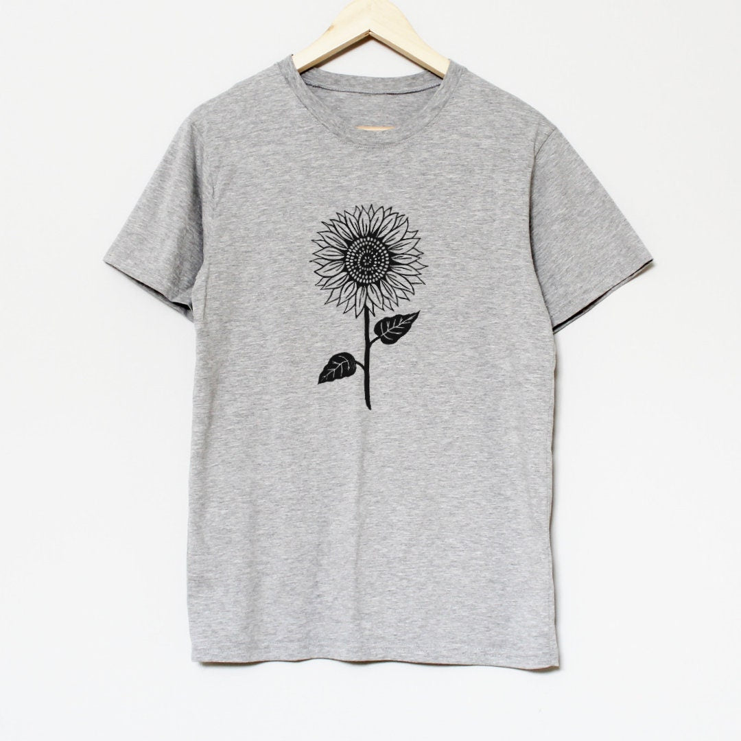 T-shirt tournesol, tee-shirt de fleurs sauvages imprimé à la main UNISEX, imprimé en bloc floral, illustration estampillée à la main, vêtements, mode éthique