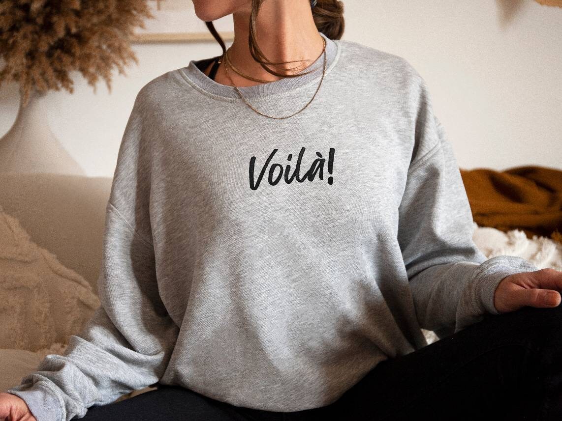 Sweat-shirt Voilà, col rond UNISEXE en bambou, imprimé graphique français, pull en coton biologique naturel, estampillé à la main, imprimé en bloc, mode éthique