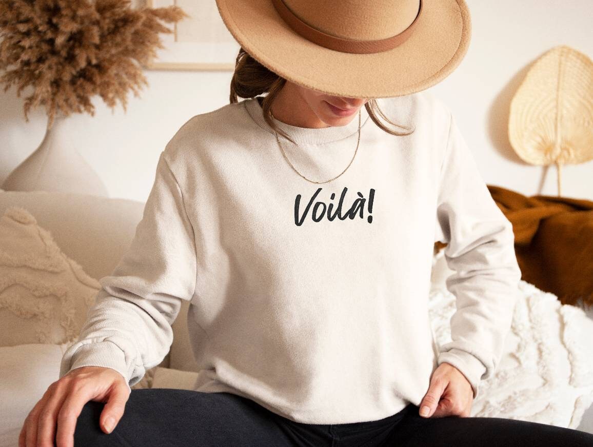 Sweat-shirt Voilà, col rond UNISEXE en bambou, imprimé graphique français, pull en coton biologique naturel, estampillé à la main, imprimé en bloc, mode éthique