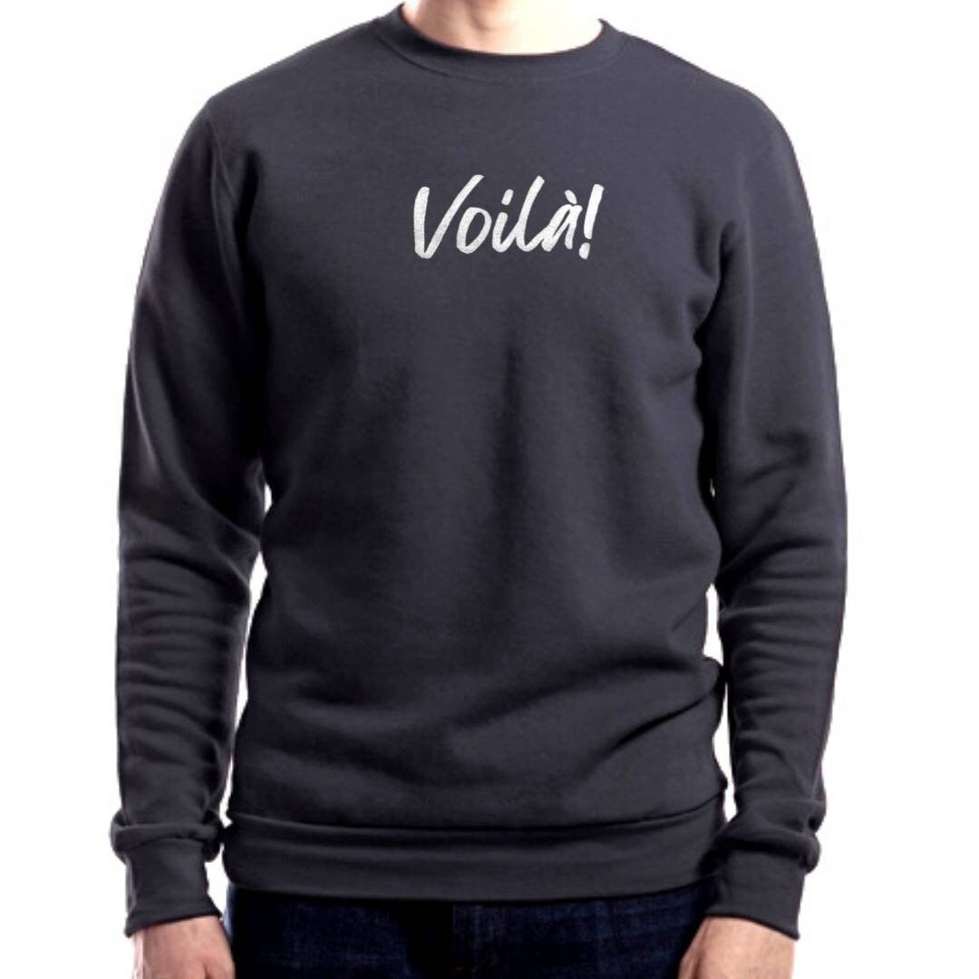Sweat-shirt Voilà, col rond UNISEXE en bambou, imprimé graphique français, pull en coton biologique naturel, estampillé à la main, imprimé en bloc, mode éthique