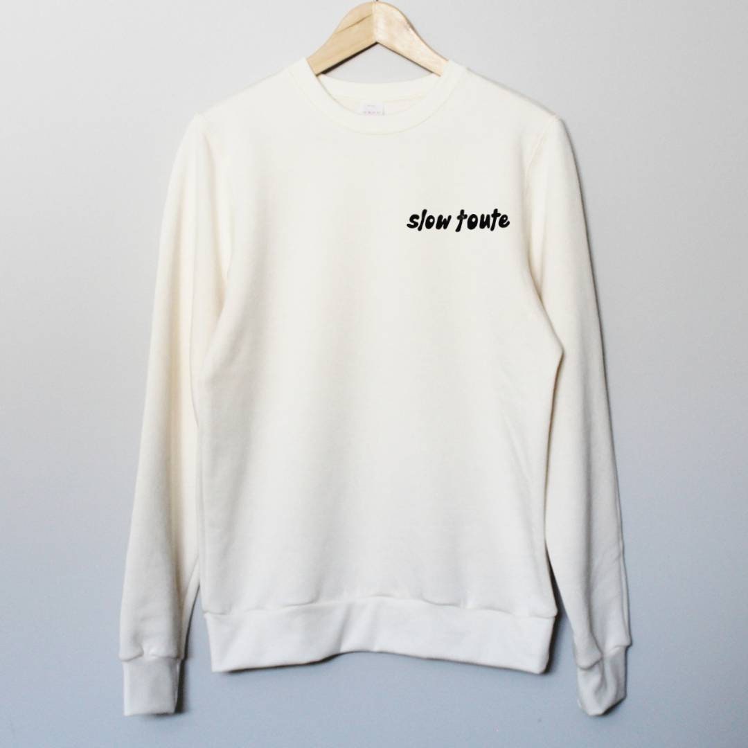 Sweat Slow toute, ras-du-cou UNISEXE bambou, imprimé graphique français, pull en coton biologique naturel, estampillé main, mode éthique
