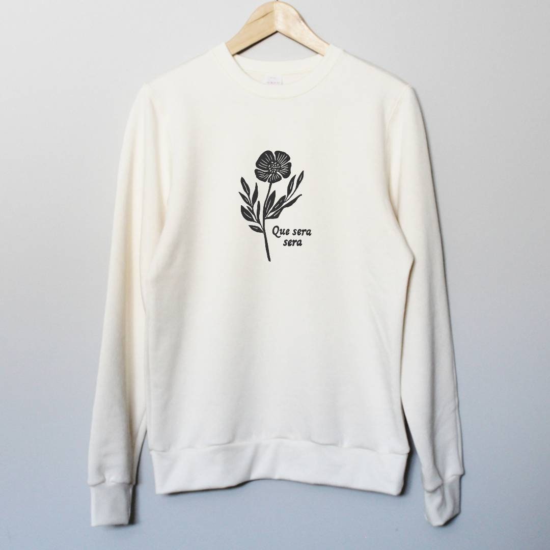 Sweat-shirt Que sera sera, col rond UNISEXE en bambou, imprimé floral graphique français, pull en coton biologique naturel, estampillé main, mode éthique