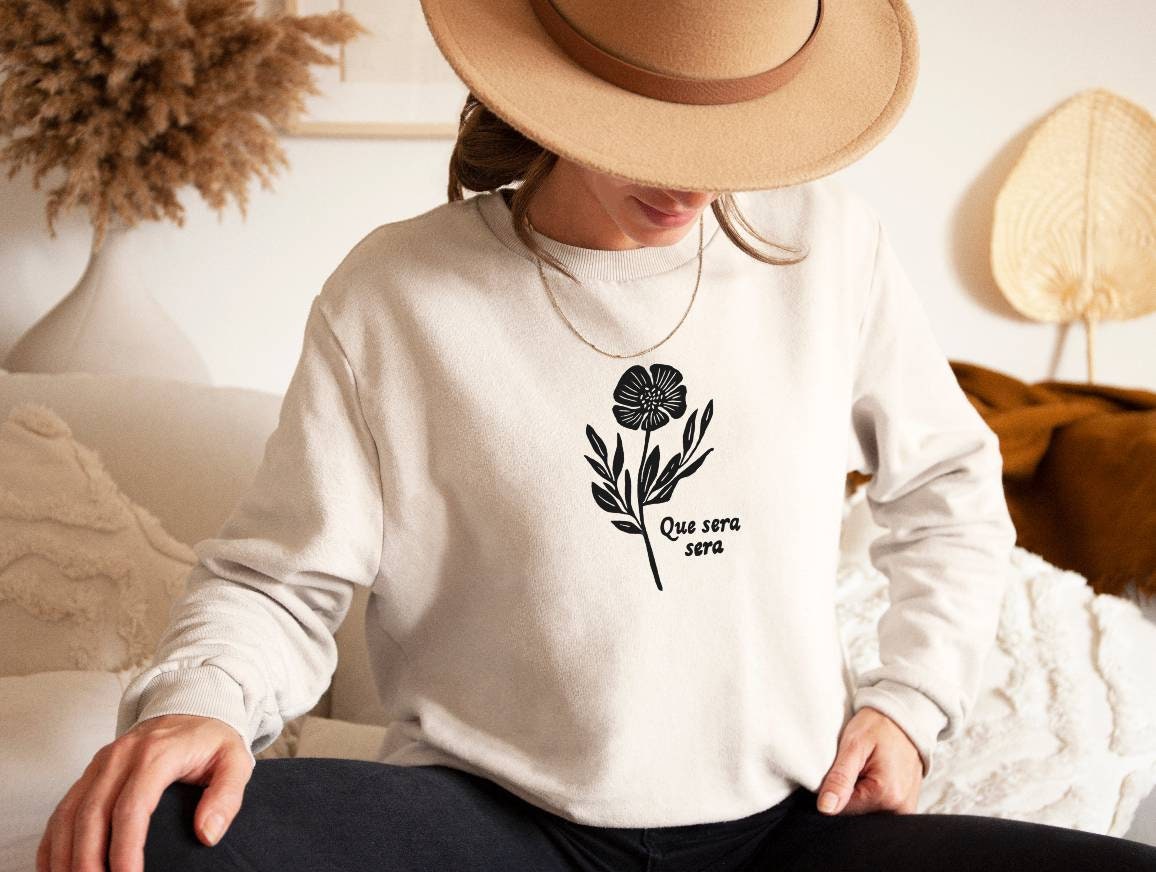 Sweat-shirt Que sera sera, col rond UNISEXE en bambou, imprimé floral graphique français, pull en coton biologique naturel, estampillé main, mode éthique