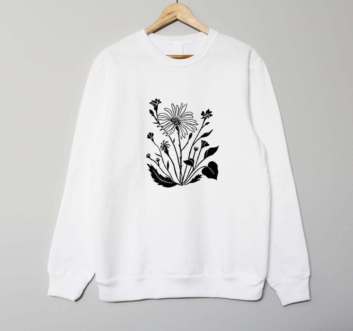 Sweat-shirt à fleurs sauvages, col d’équipage imprimé à la main unisexe, illustration florale imprimée en bloc, pull en polaire douce, vêtements, mode éthique