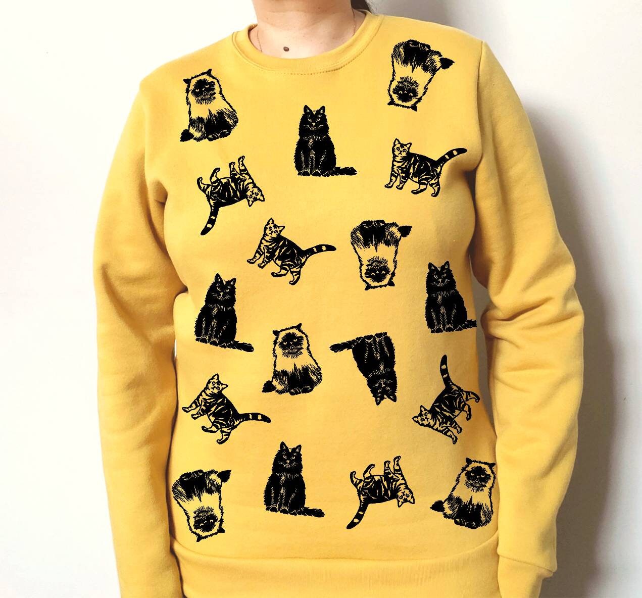 Cat print sweatshirt, hand printed unisex crewneck, all over cat print design, cat lover gift, block print soft cute jumper, ethical fashion