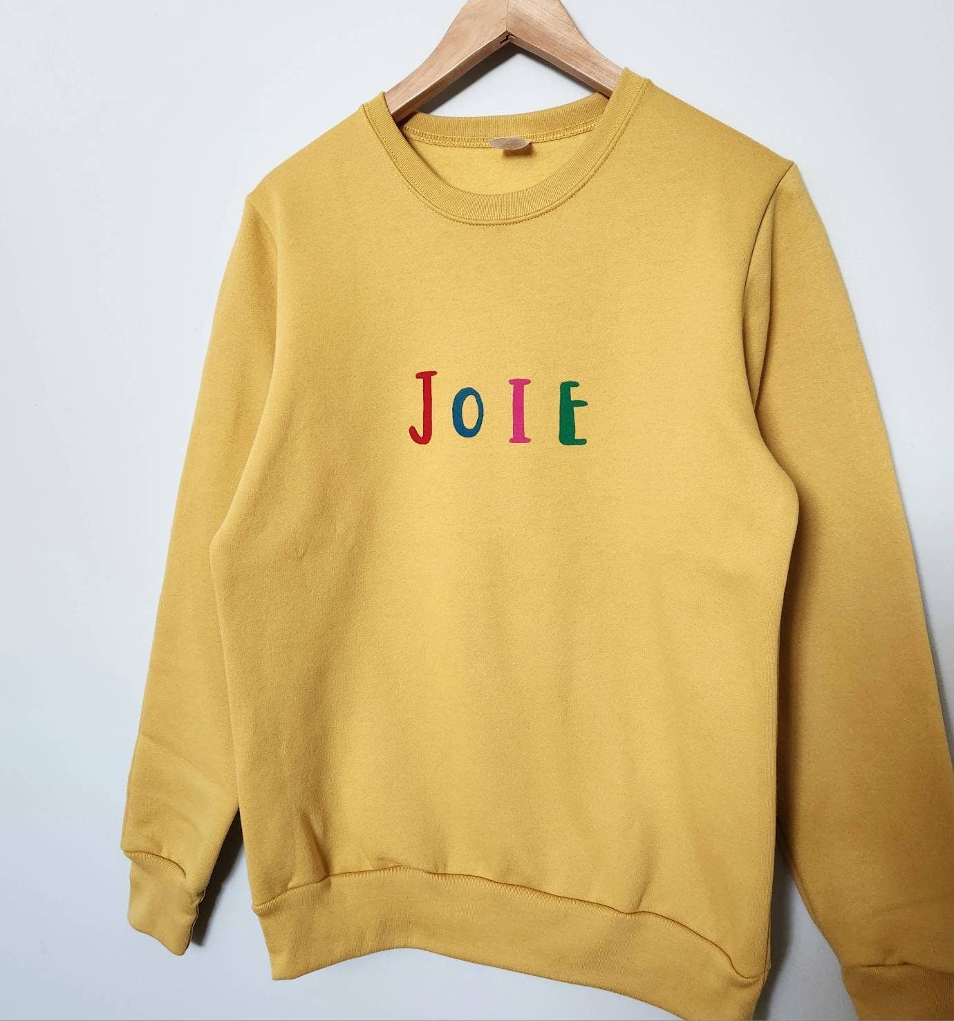 Joie sweatshirt, unisex hand printed joy crewneck, block printed colorful graphic shirt, soft cute jumper, unique clothing, ethical fashion