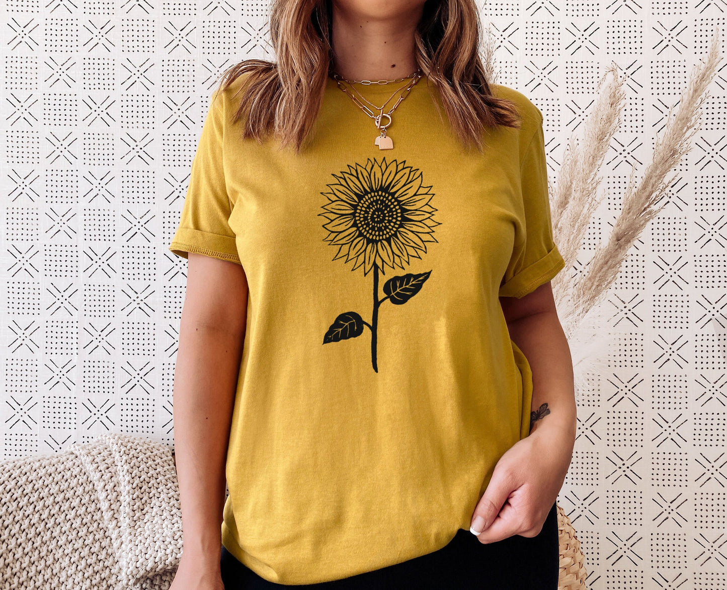 T-shirt tournesol, tee-shirt de fleurs sauvages imprimé à la main UNISEX, imprimé en bloc floral, illustration estampillée à la main, vêtements, mode éthique