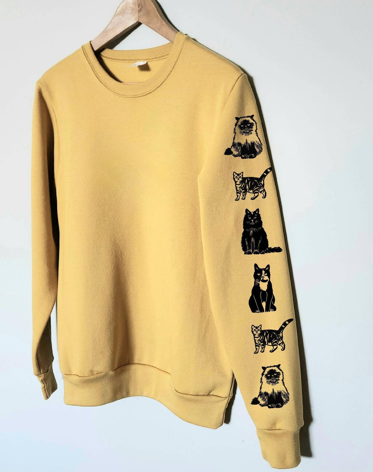 Sweat-shirt imprimé à manches de chat, col d’équipage unisexe imprimé à la main, design imprimé chat, cadeau amoureux des chats, pull mignon doux imprimé en bloc, mode éthique