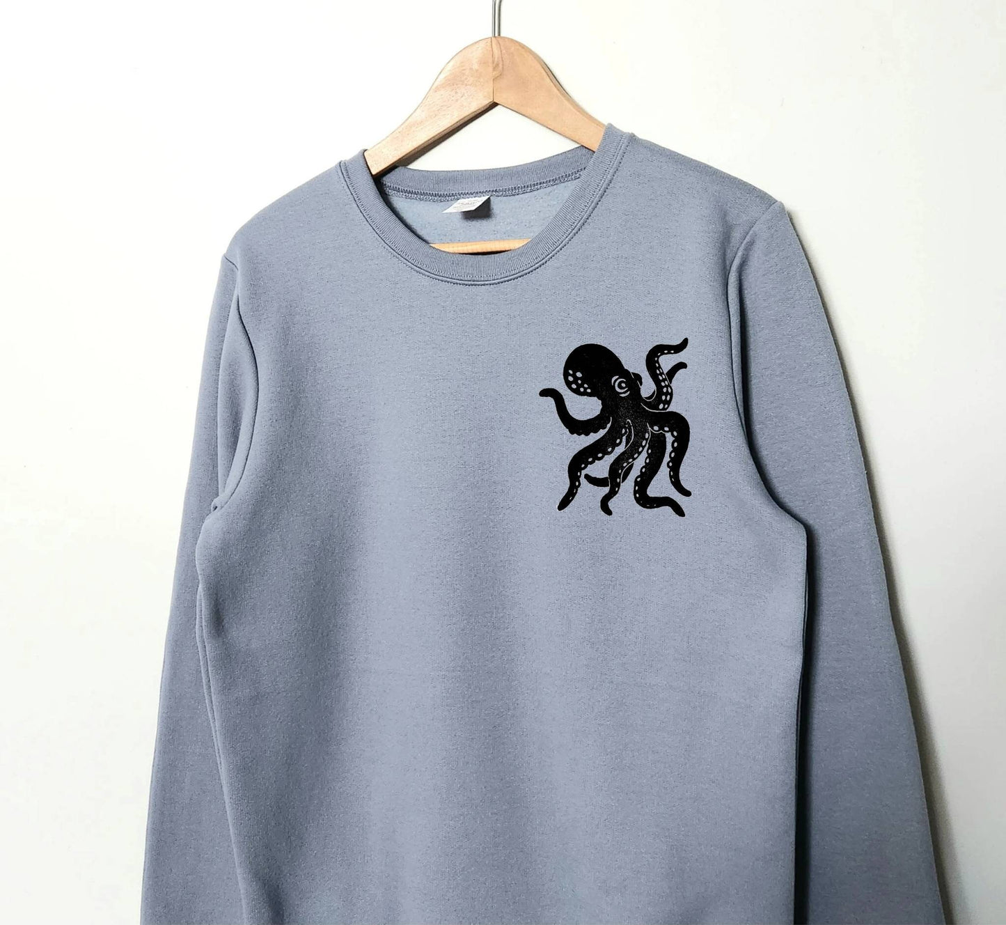 Sweat-shirt Octopus, col d’équipage imprimé à la main unisexe, illustration imprimée en bloc, pull en polaire douce, vêtements d’automne, mode éthique