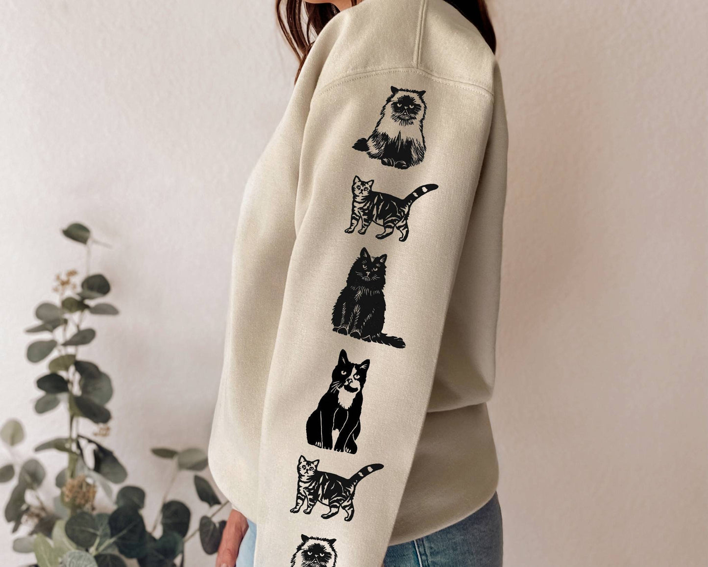 Sweat-shirt imprimé à manches de chat, col d’équipage unisexe imprimé à la main, design imprimé chat, cadeau amoureux des chats, pull mignon doux imprimé en bloc, mode éthique