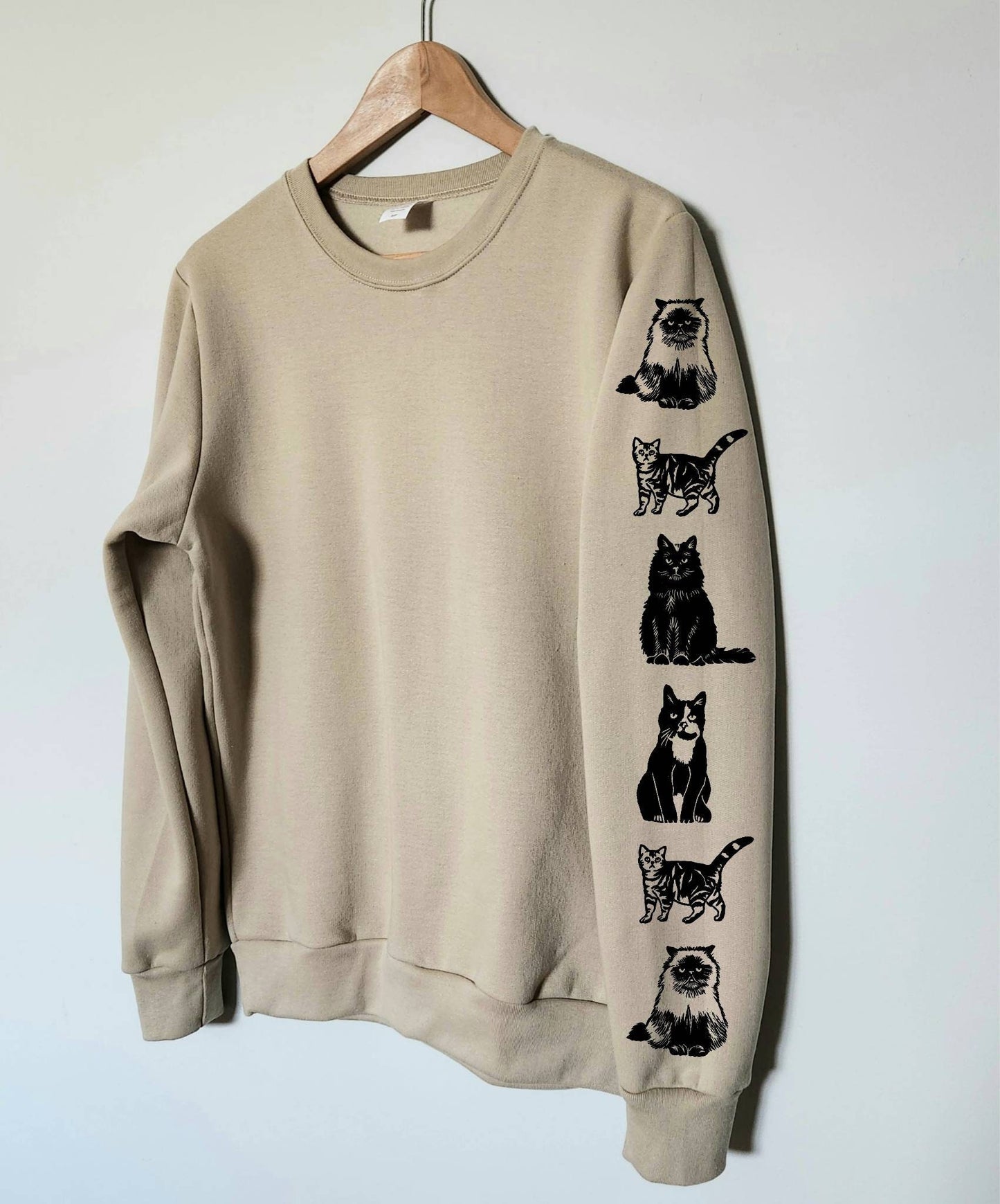 Sweat-shirt imprimé à manches de chat, col d’équipage unisexe imprimé à la main, design imprimé chat, cadeau amoureux des chats, pull mignon doux imprimé en bloc, mode éthique