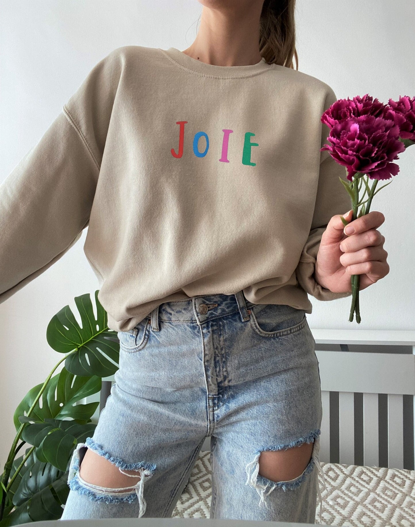 Joie sweatshirt, unisex hand printed joy crewneck, block printed colorful graphic shirt, soft cute jumper, unique clothing, ethical fashion