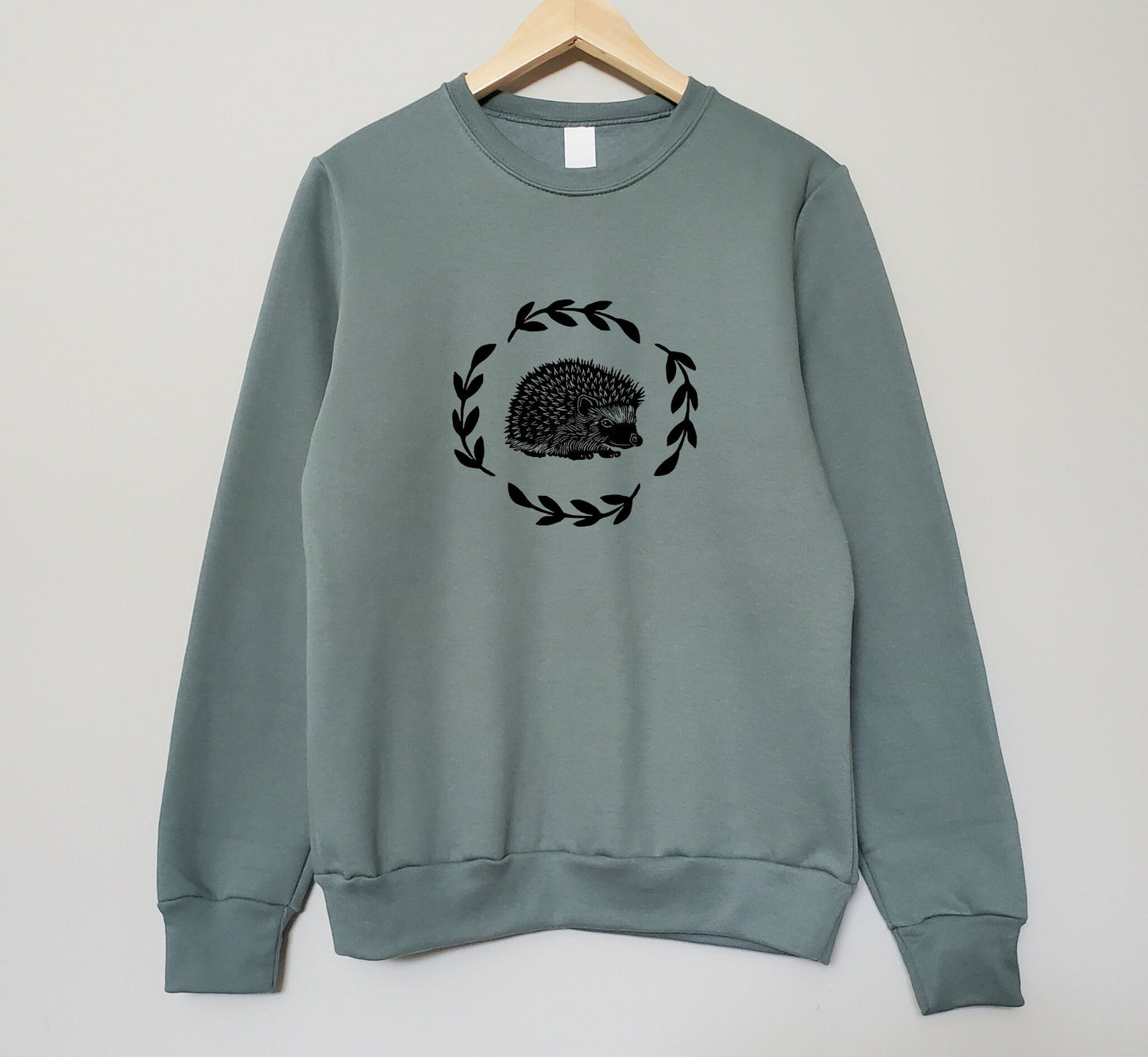 Hedgehog sweatshirt, unisex hand printed crewneck, block printed cottagecore illustration, hedgehog and fern jumper, ethical fall fashion