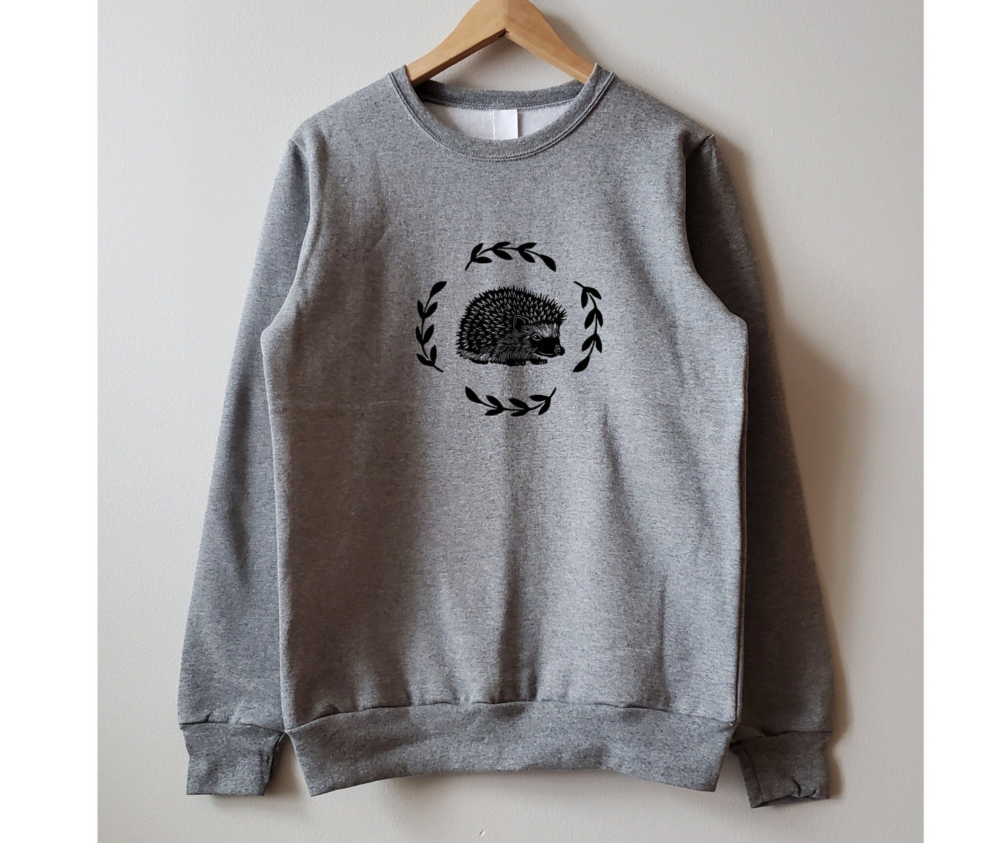 Hedgehog sweatshirt, unisex hand printed crewneck, block printed cottagecore illustration, hedgehog and fern jumper, ethical fall fashion