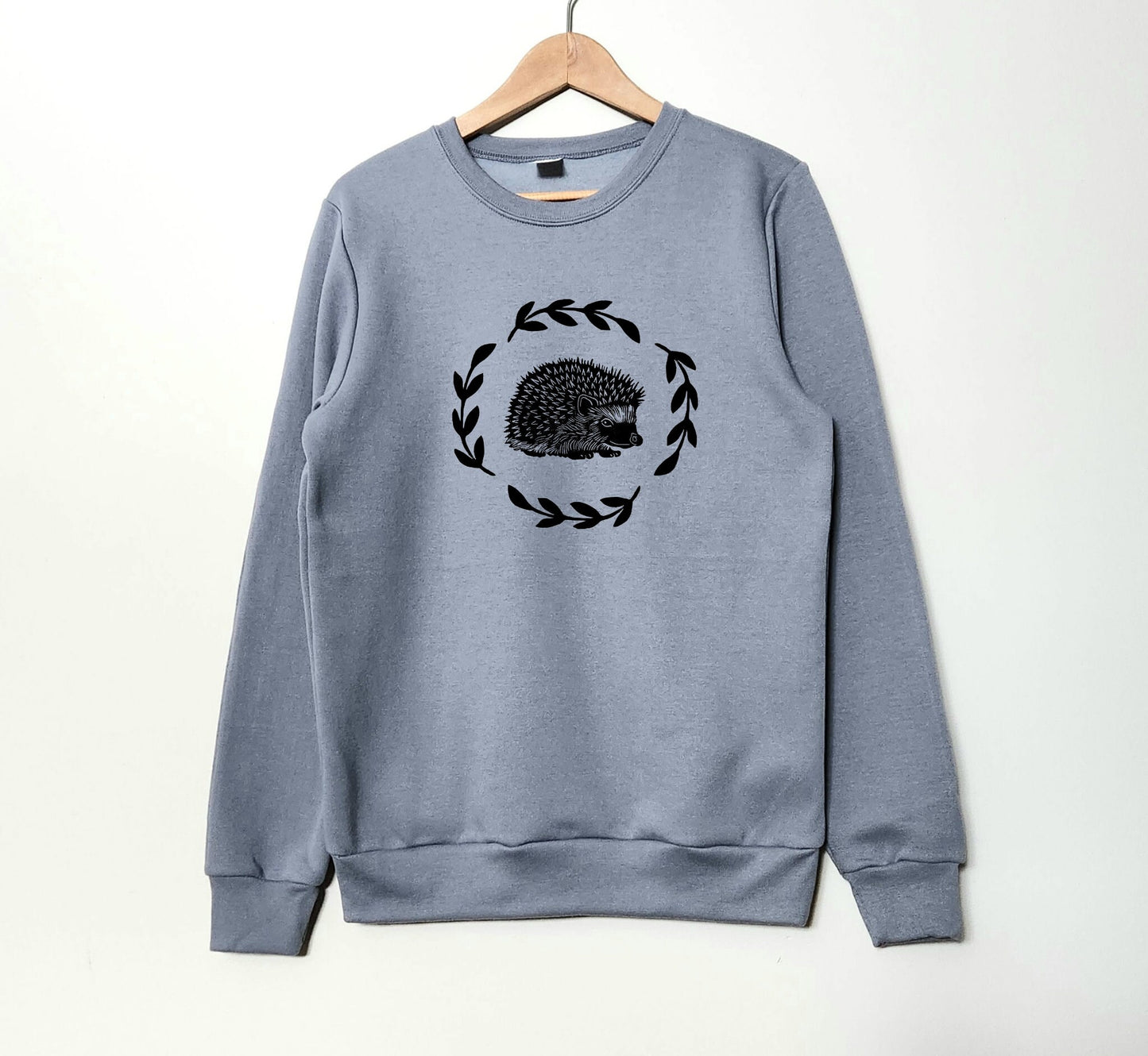 Hedgehog sweatshirt, unisex hand printed crewneck, block printed cottagecore illustration, hedgehog and fern jumper, ethical fall fashion