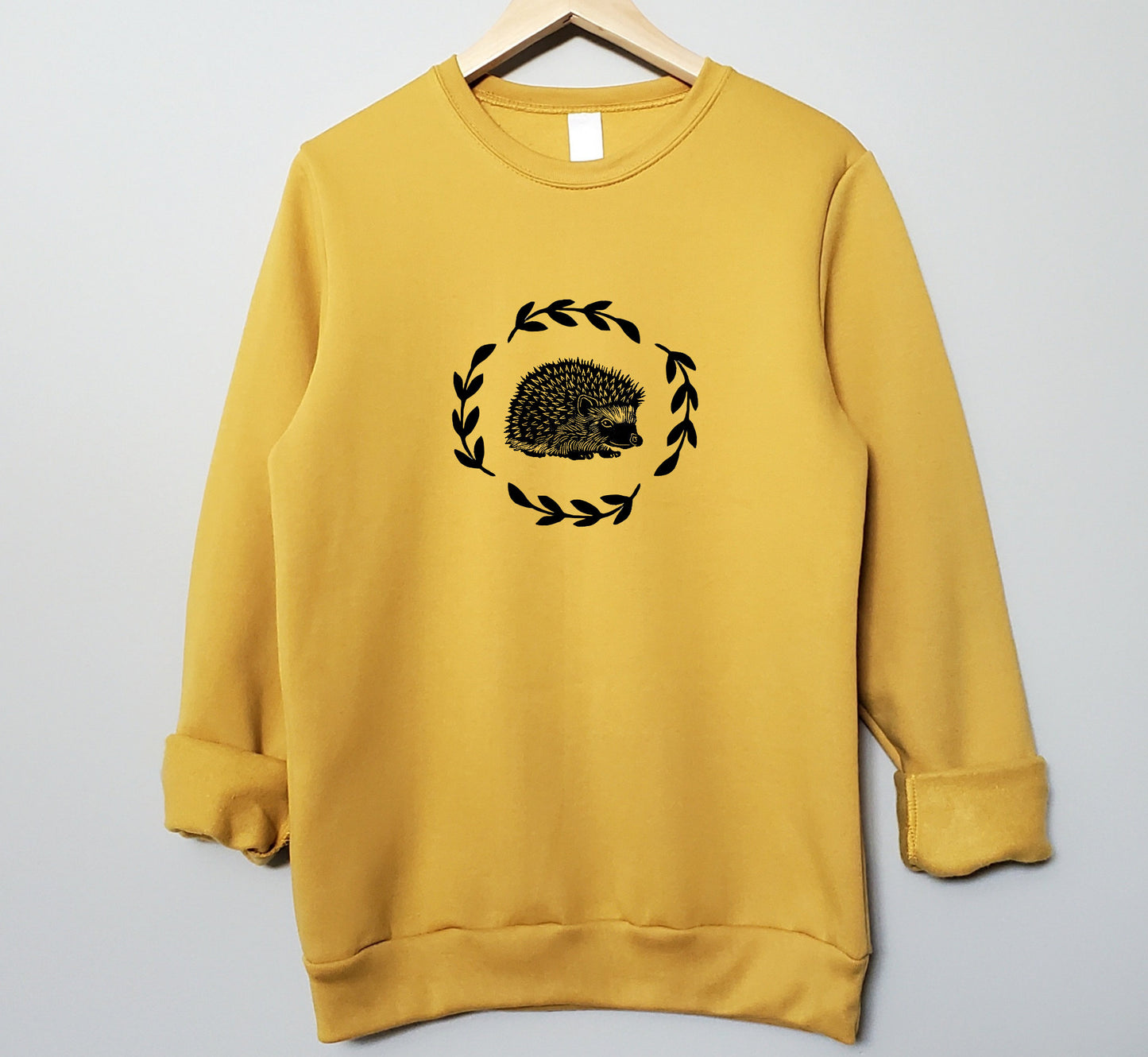 Hedgehog sweatshirt, unisex hand printed crewneck, block printed cottagecore illustration, hedgehog and fern jumper, ethical fall fashion