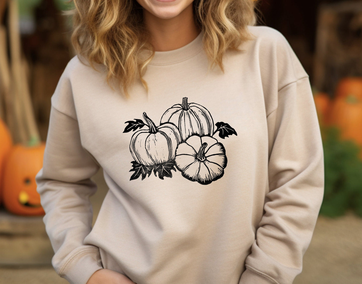 Sweat-shirt citrouille, col d’équipage d’automne imprimé à la main unisexe, illustration de patch de citrouille imprimée en bloc, pull linocut doux, mode éthique