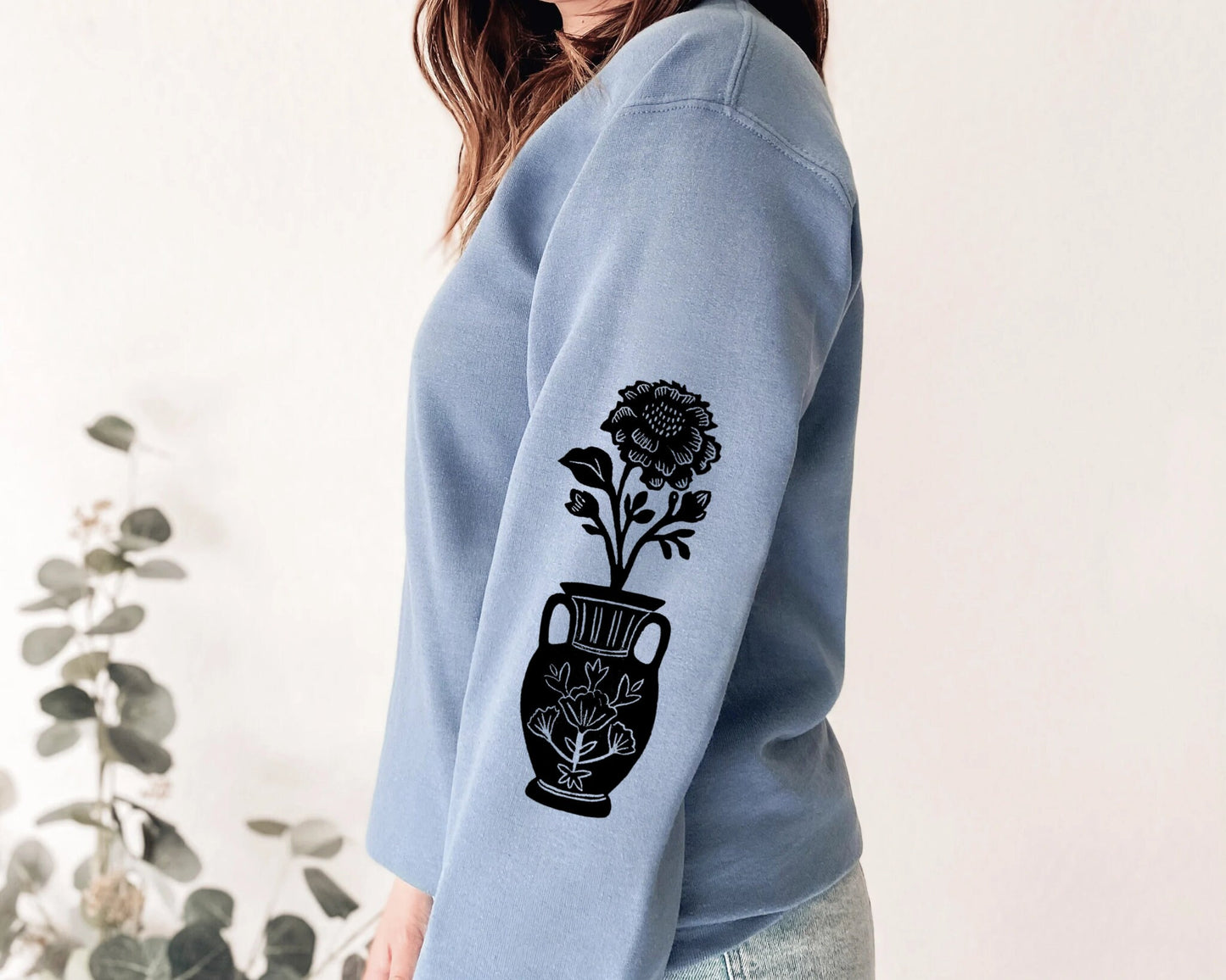 Sweat-shirt imprimé à manches vase à fleurs, col d’équipage unisexe imprimé à la main, motif imprimé floral, pull mignon doux imprimé bloc, mode éthique