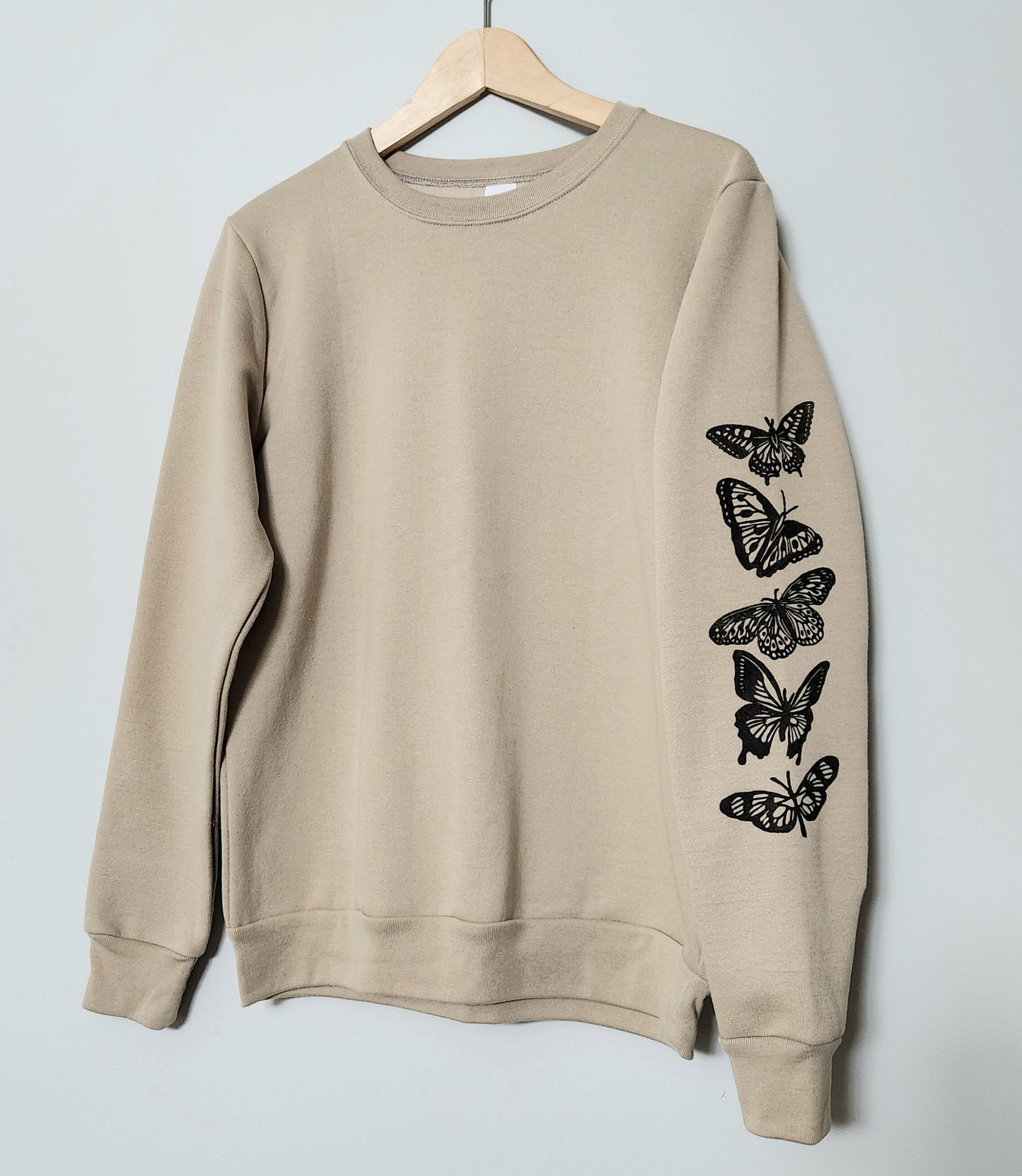 Butterfly sleeve print sweatshirt, hand printed unisex crewneck, butterflies print design, block print soft cute jumper, ethical fashion