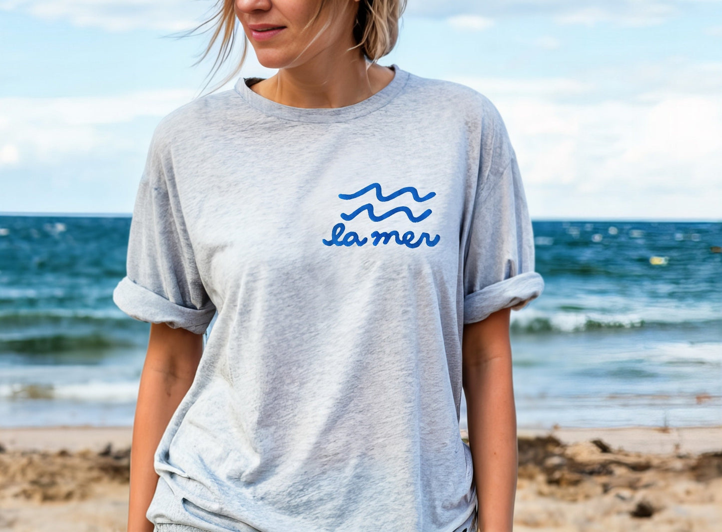 T-shirt La mer, tee-shirt graphique unisexe imprimé à la main, t-shirt de mer minimaliste imprimé bloc unique, chemise linocut printemps été douce, mode éthique