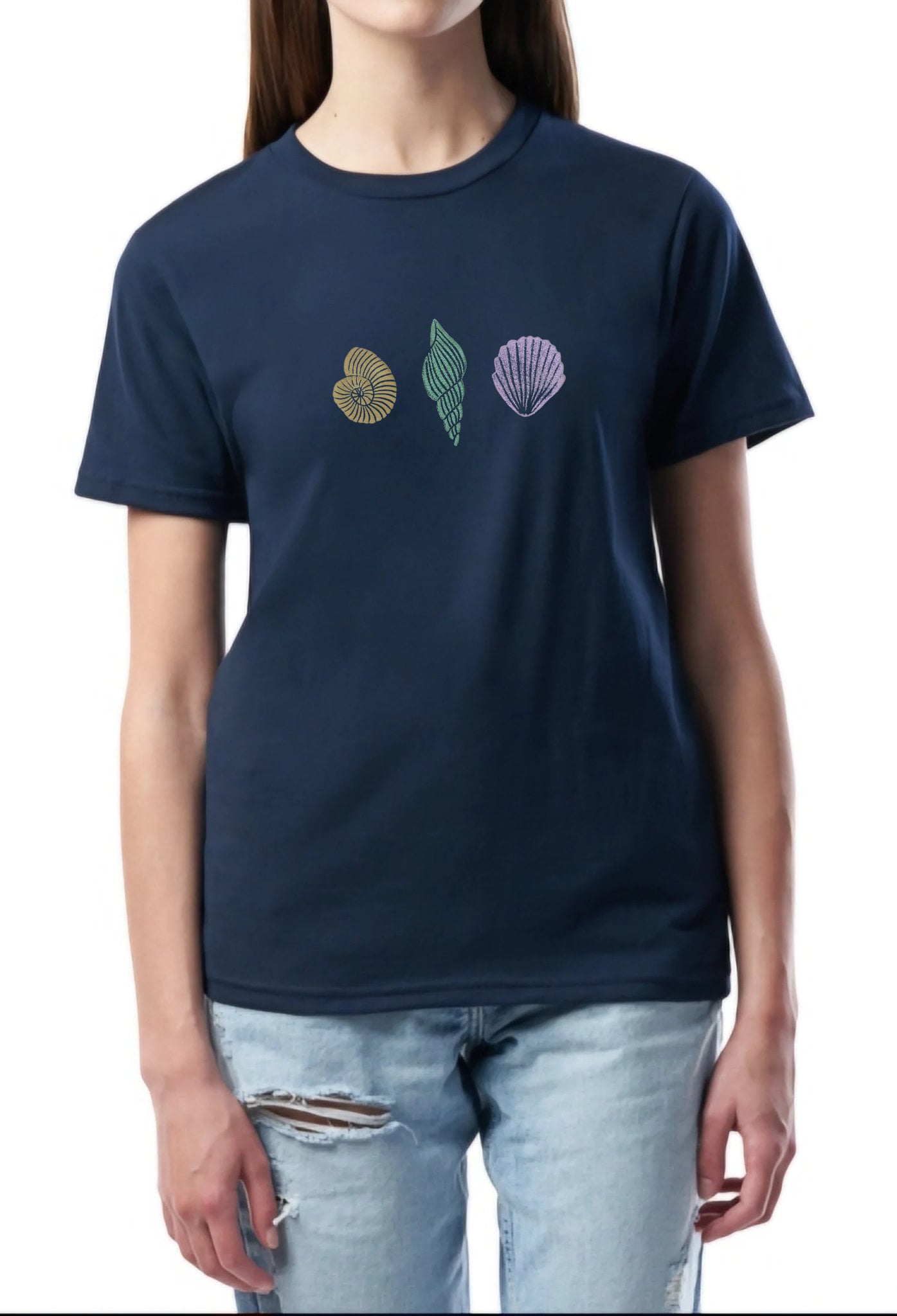 T-shirt coquillage, tee-shirt unisexe océan imprimé à la main, thème coquillages pastel, t-shirt de plage imprimé bloc, mode estivale biologique éthique