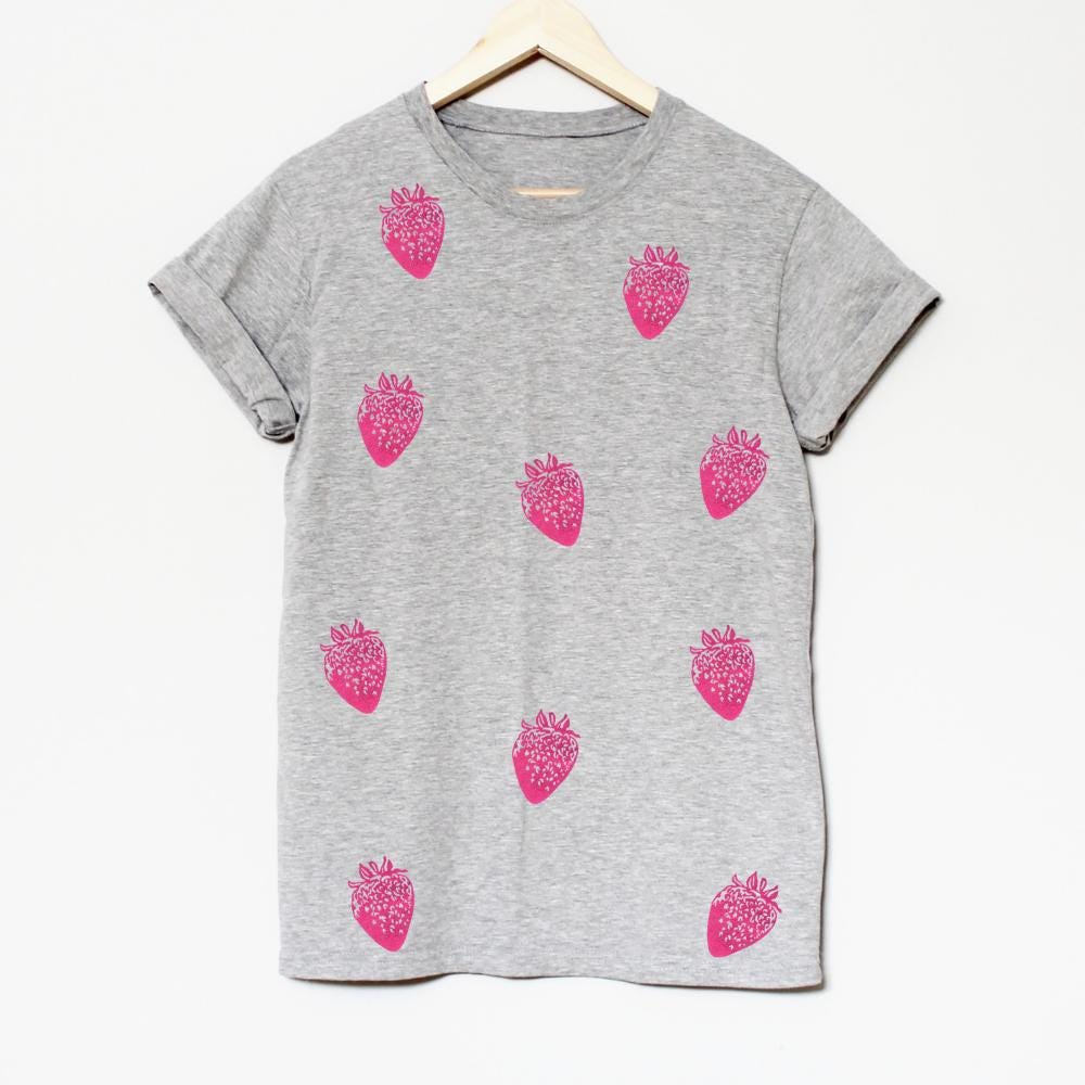 Vintage strawberry t-shirt, all-over berry hand printed unisex tee, unique block print fruit tshirt, spring summer shirt, ethical fashion