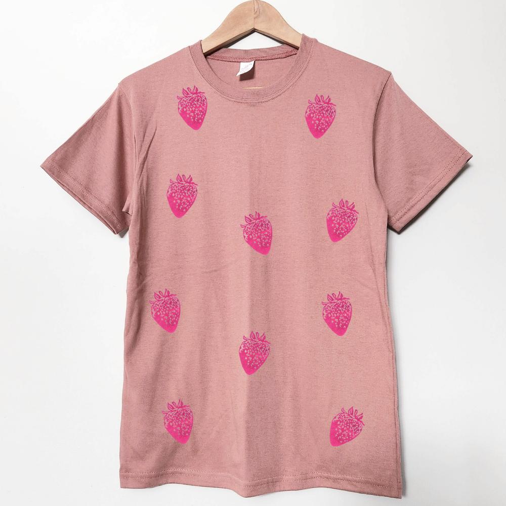 Vintage strawberry t-shirt, all-over berry hand printed unisex tee, unique block print fruit tshirt, spring summer shirt, ethical fashion