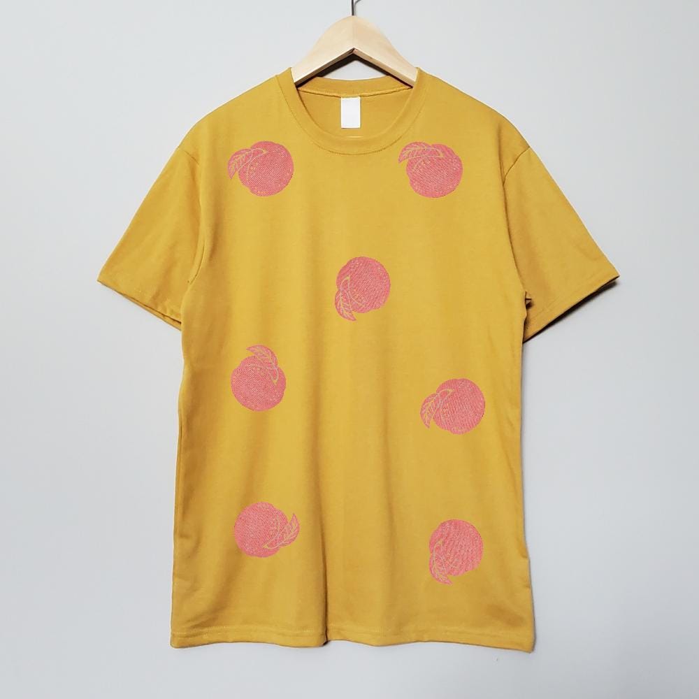 Vintage peach t-shirt, all-over peaches hand printed unisex tee, unique block print fruit tshirt, spring summer shirt, ethical fashion