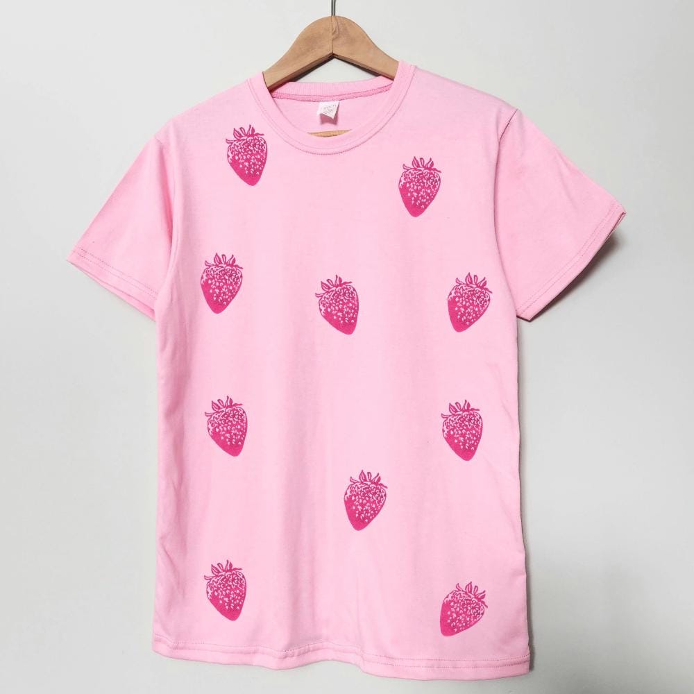 Vintage strawberry t-shirt, all-over berry hand printed unisex tee, unique block print fruit tshirt, spring summer shirt, ethical fashion
