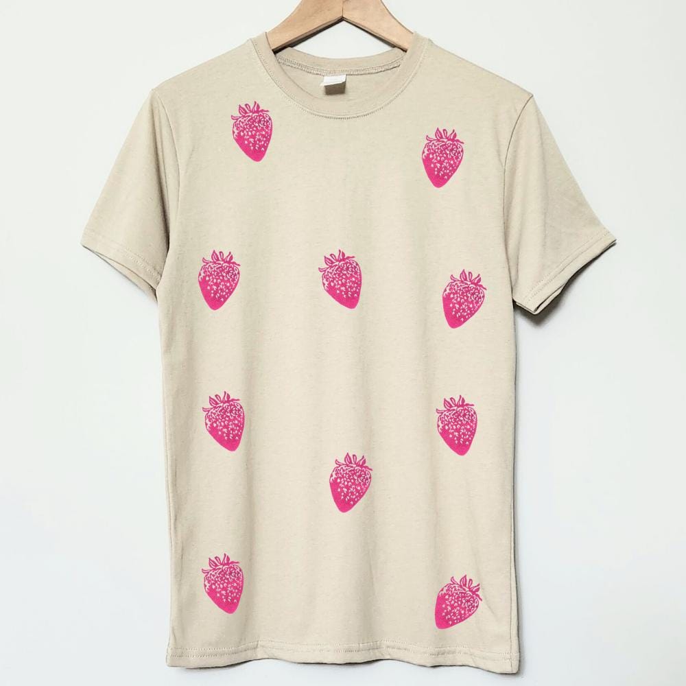 Vintage strawberry t-shirt, all-over berry hand printed unisex tee, unique block print fruit tshirt, spring summer shirt, ethical fashion